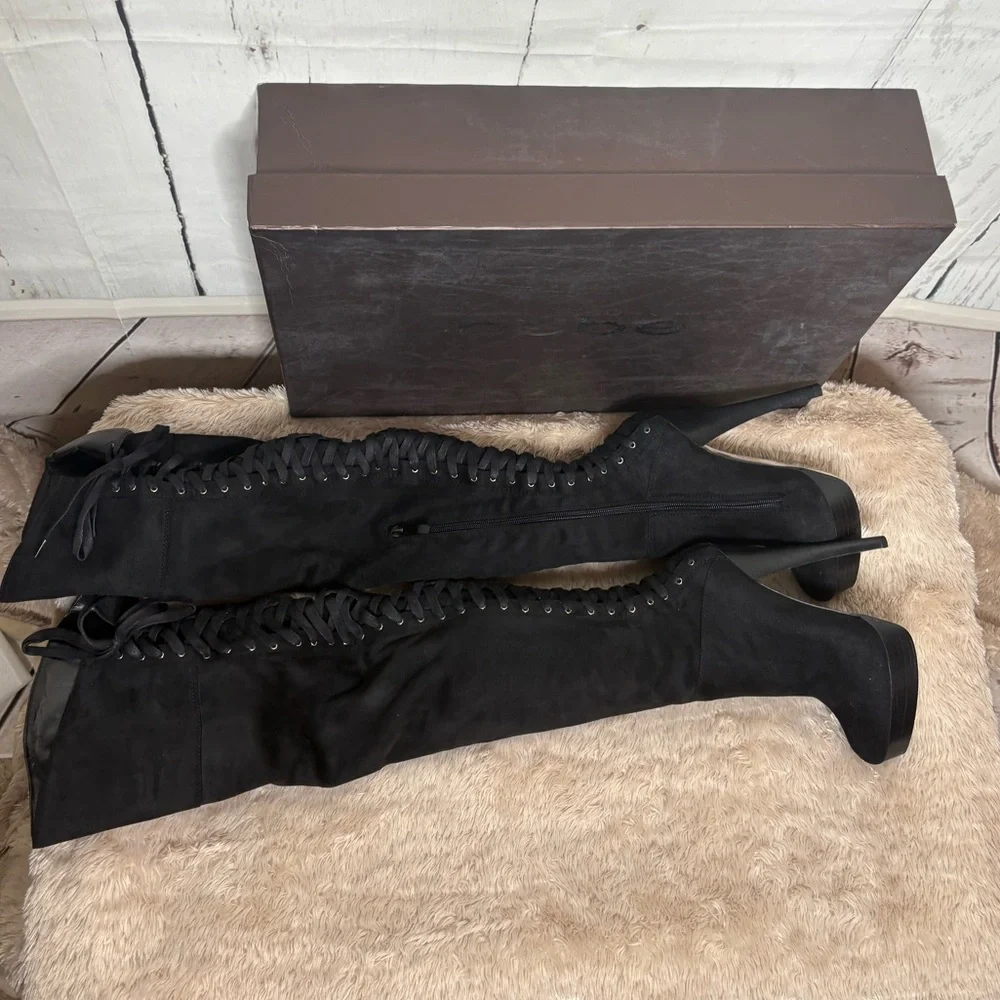 bebe Black Lace-Up Over-the-Knee Stiletto Boots